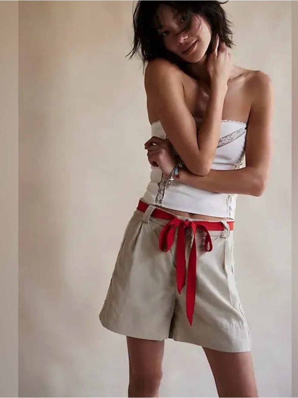 Free People Perfect Prep Trouser Shorts NWOT Light Sand Red Belt